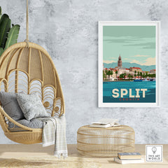 Split Croatia print poster wall art displayed in a stylish interior with a hanging chair and natural decor.