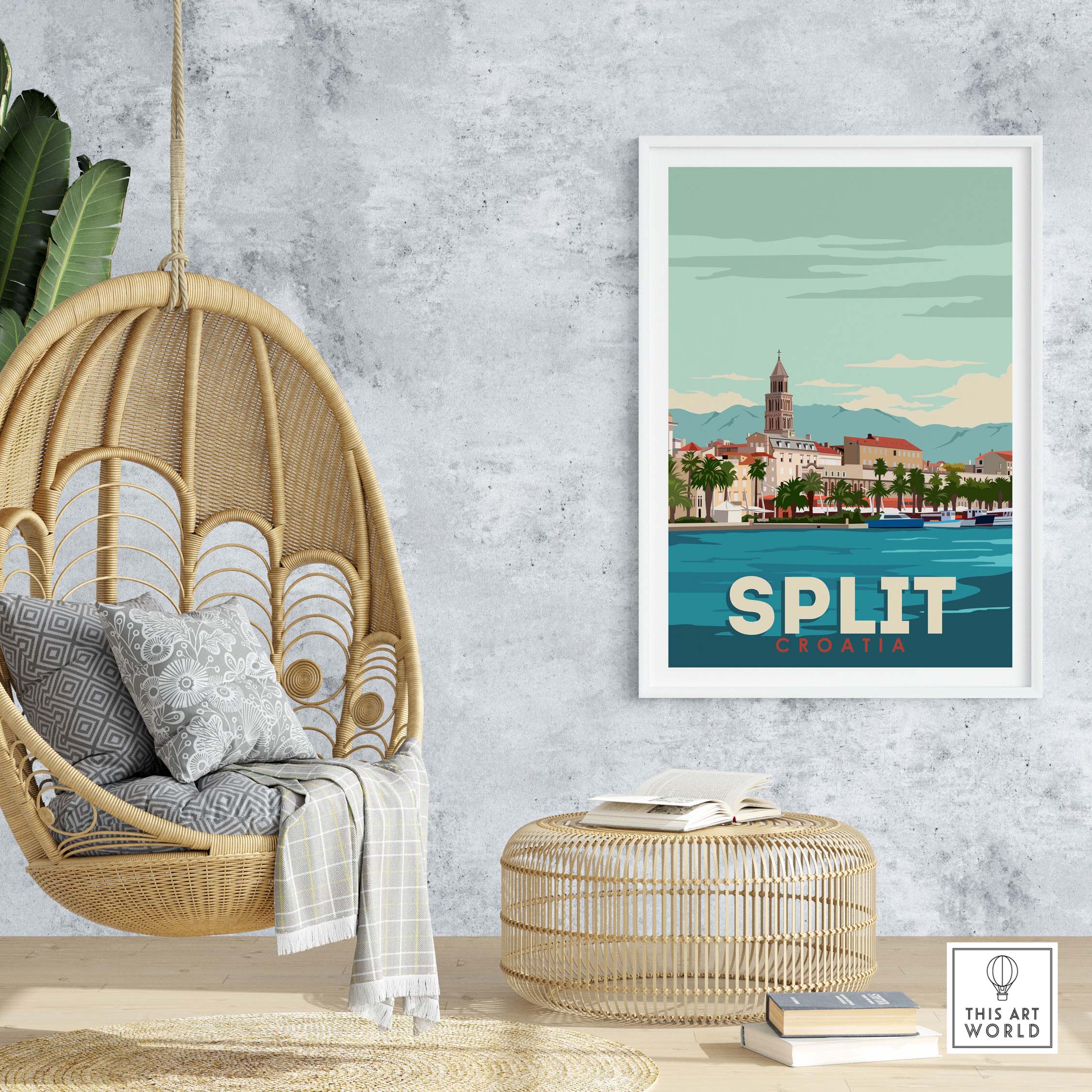 Split Croatia print poster wall art displayed in a stylish interior with a hanging chair and natural decor.