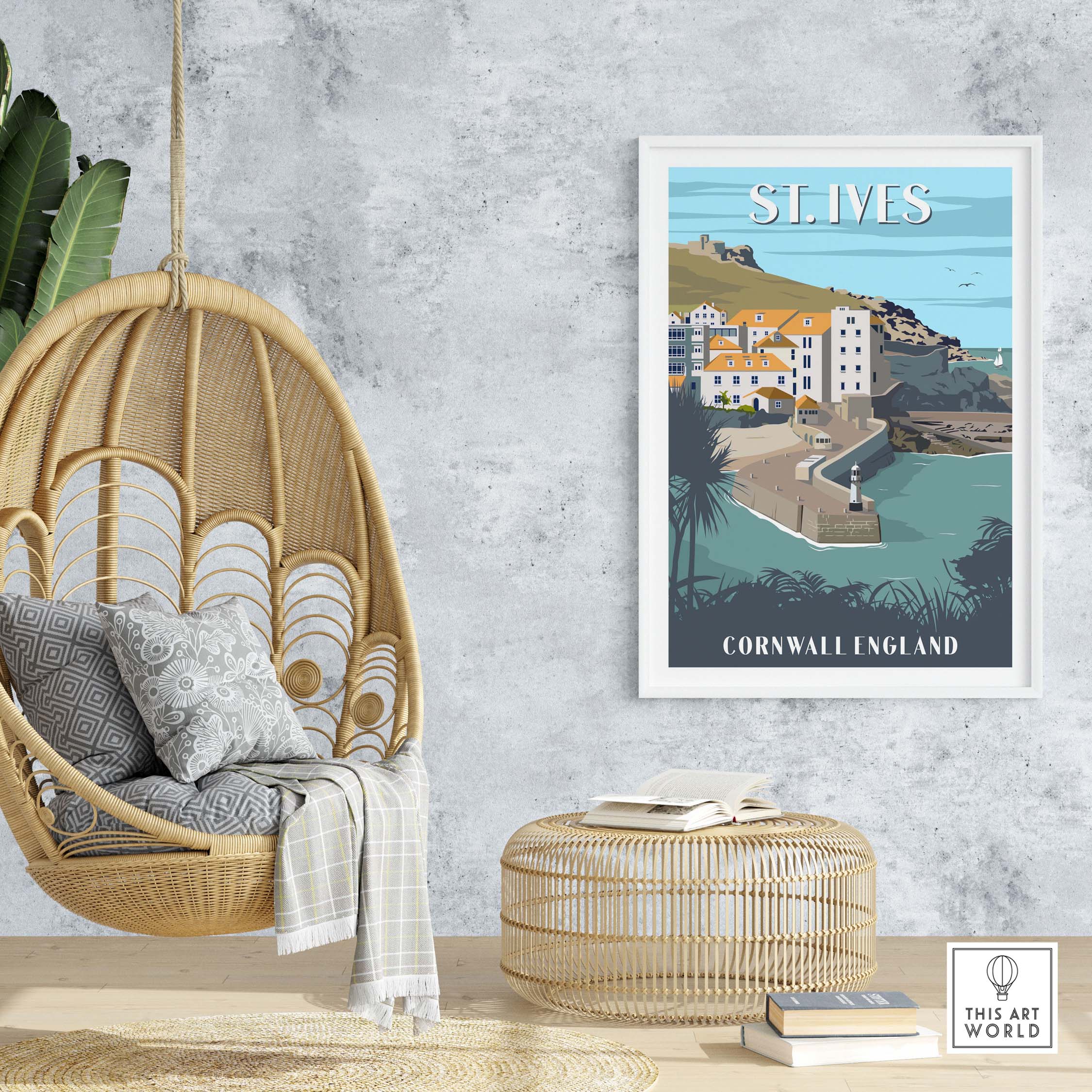 St Ives Cornwall print framed on a wall, surrounded by stylish home decor and a cozy atmosphere.