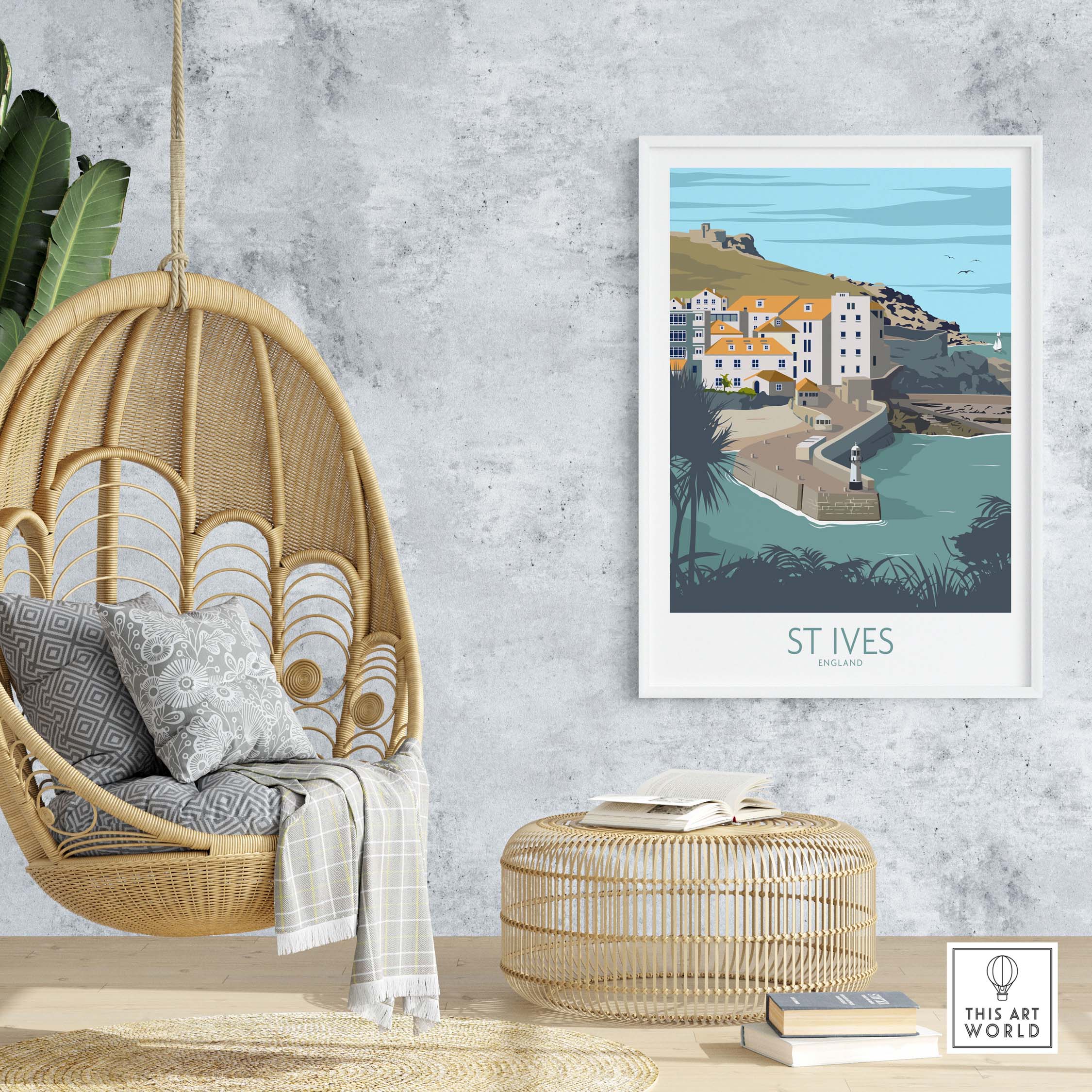 Cornwall St Ives print artwork displayed in a modern home setting with a hanging chair and decorative elements.