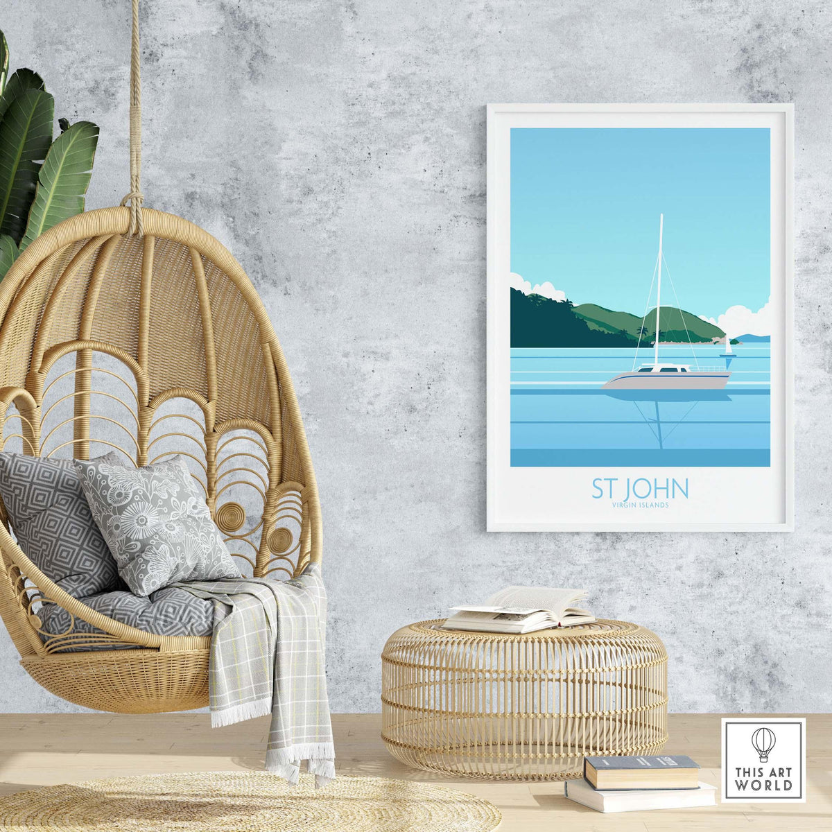 Virgin Islands Poster St John Print displaying a sailboat on tranquil waters, perfect for home decor.