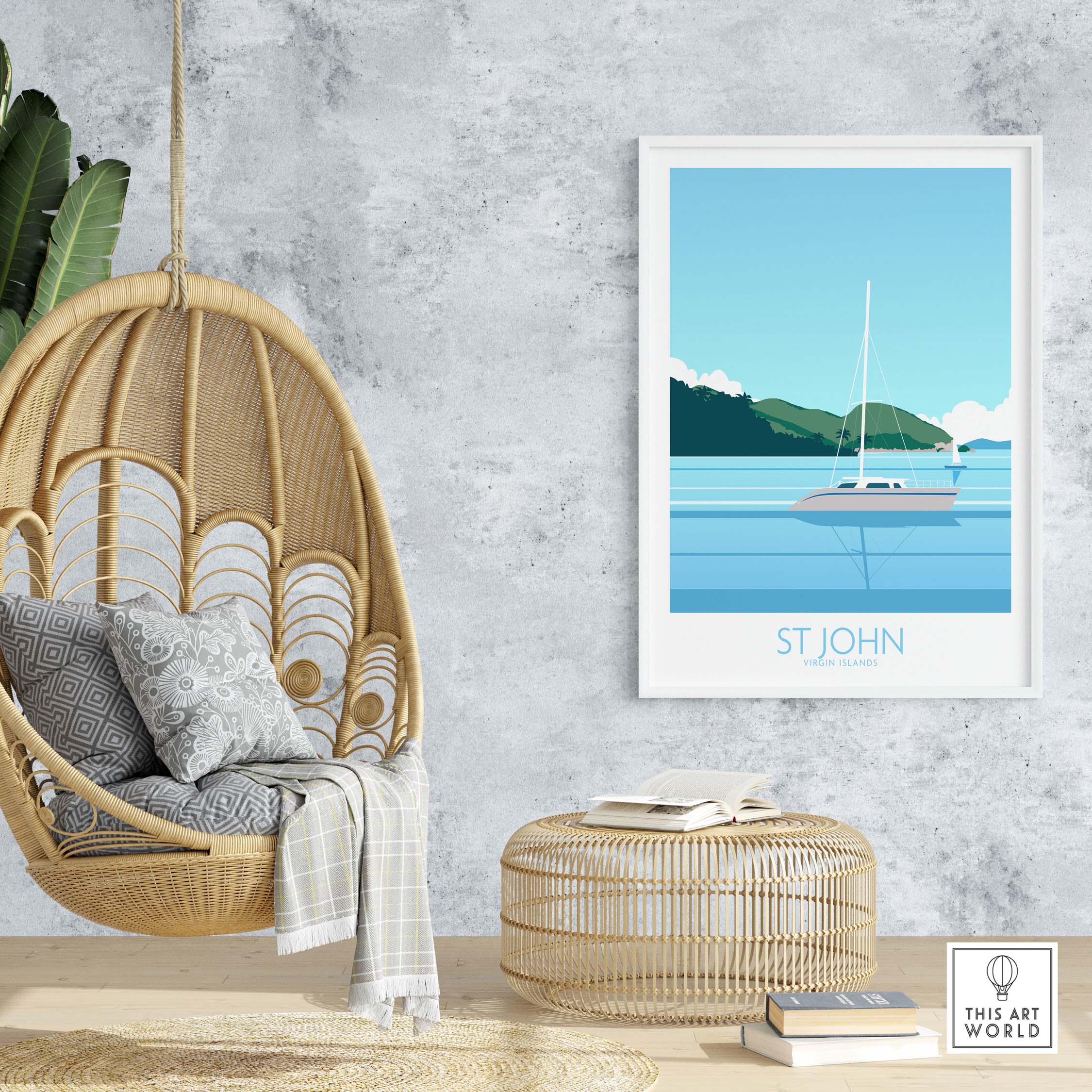 Virgin Islands Poster St John Print displaying a sailboat on tranquil waters, perfect for home decor.