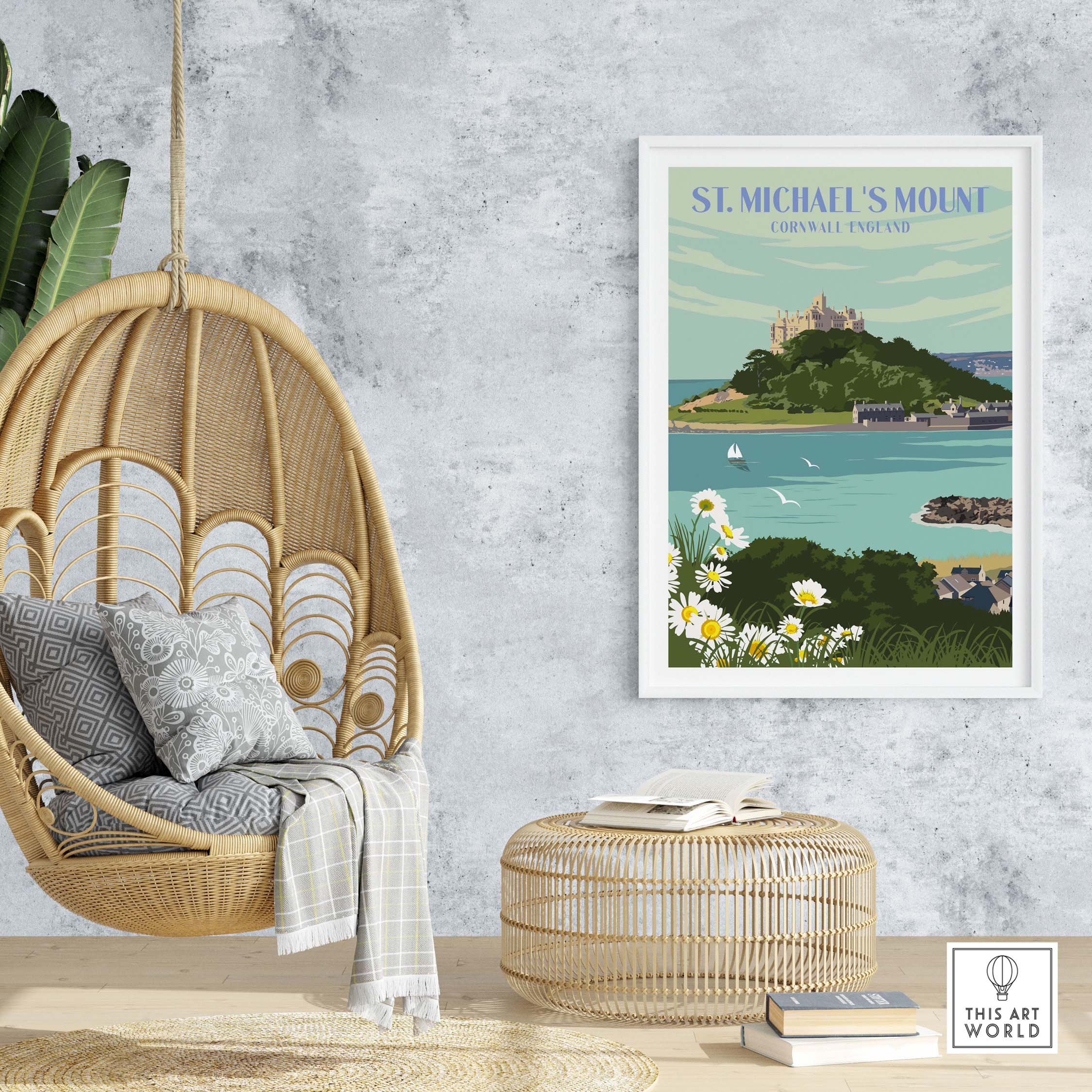 St Michael's Mount Print Cornwall on wall in a stylish interior setting with a hanging chair and decor.