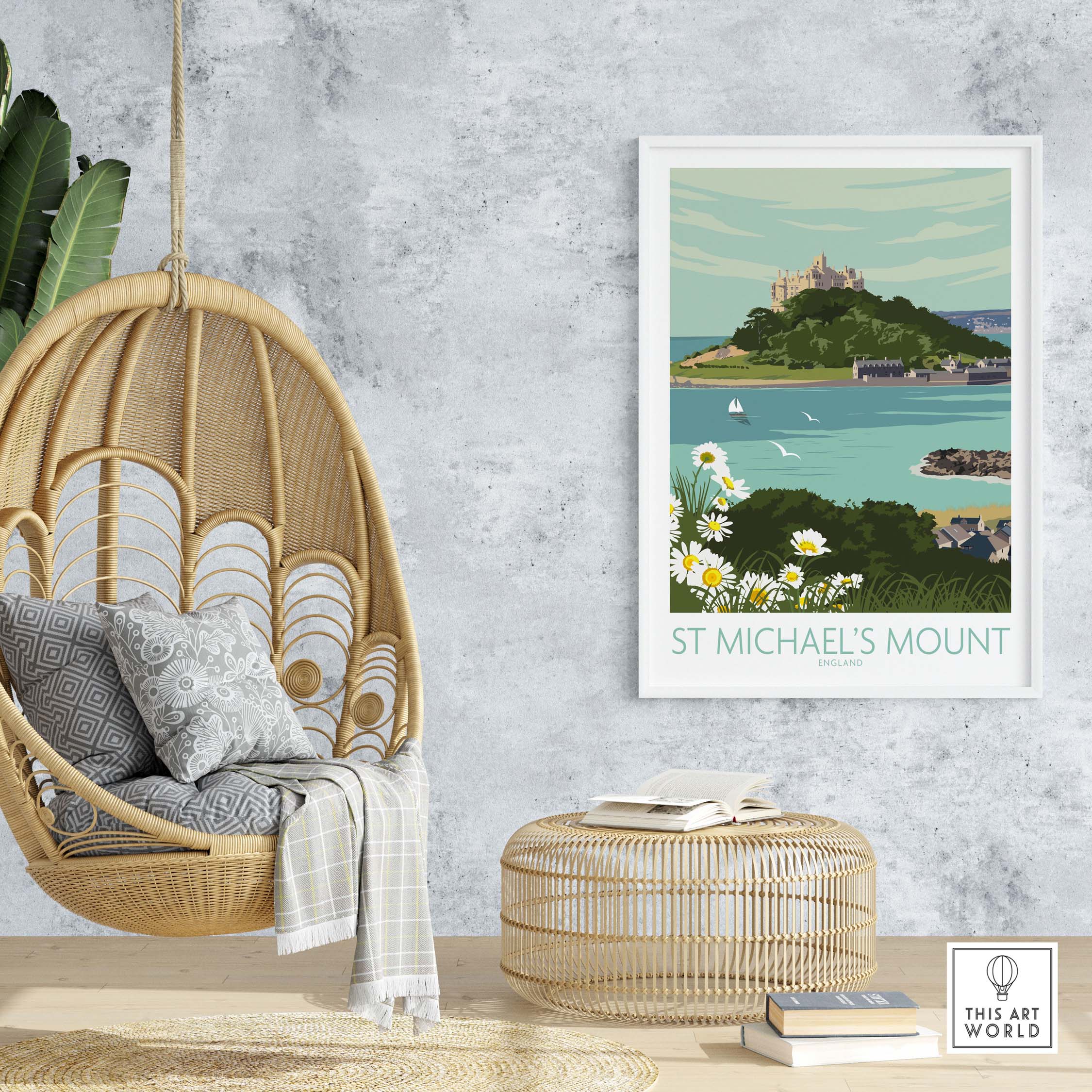 Cornwall Print of St Michael's Mount Art displayed in a stylish interior with a hanging chair and natural decor.