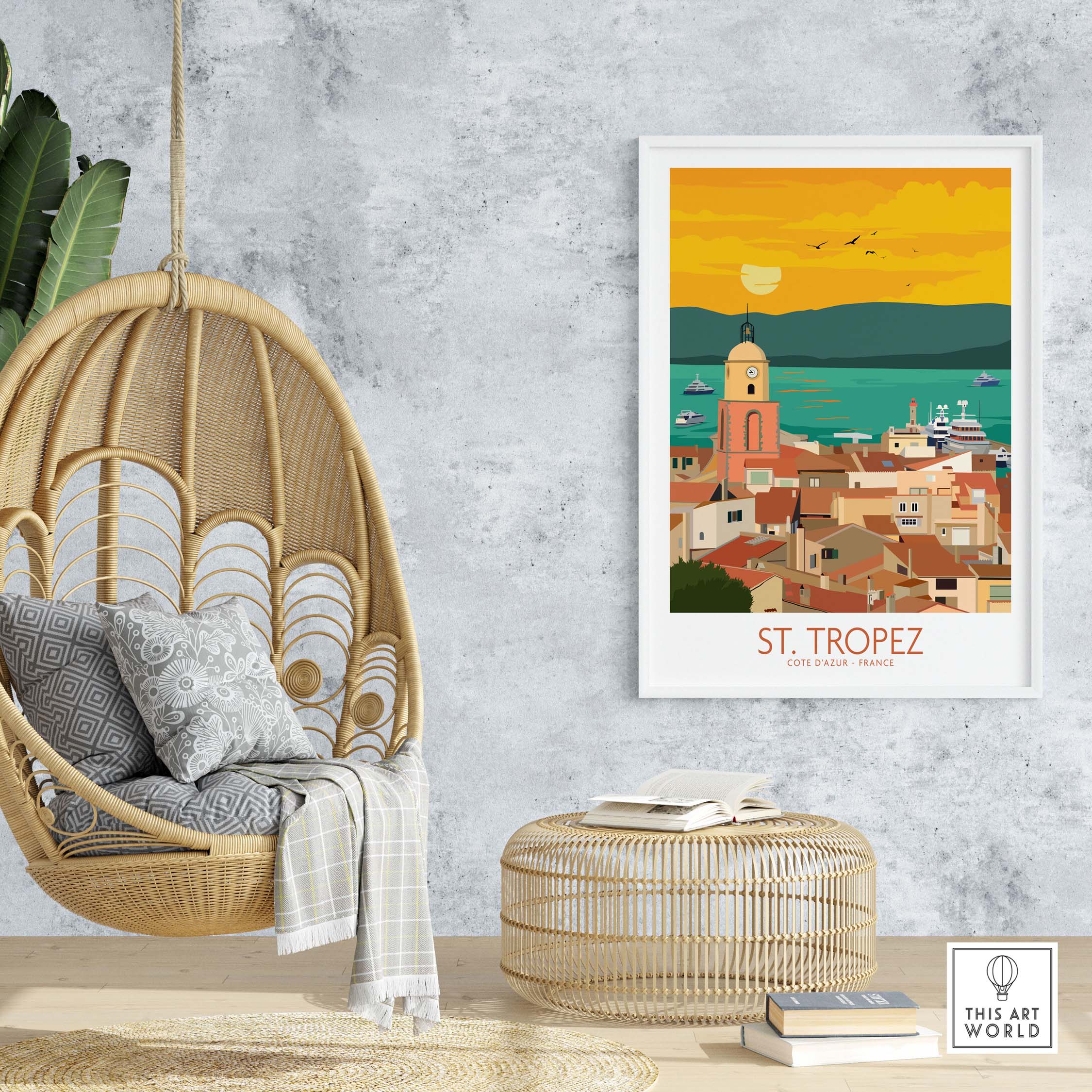 St Tropez Poster Print displayed in a stylish home setting with a hanging chair and decorative elements.