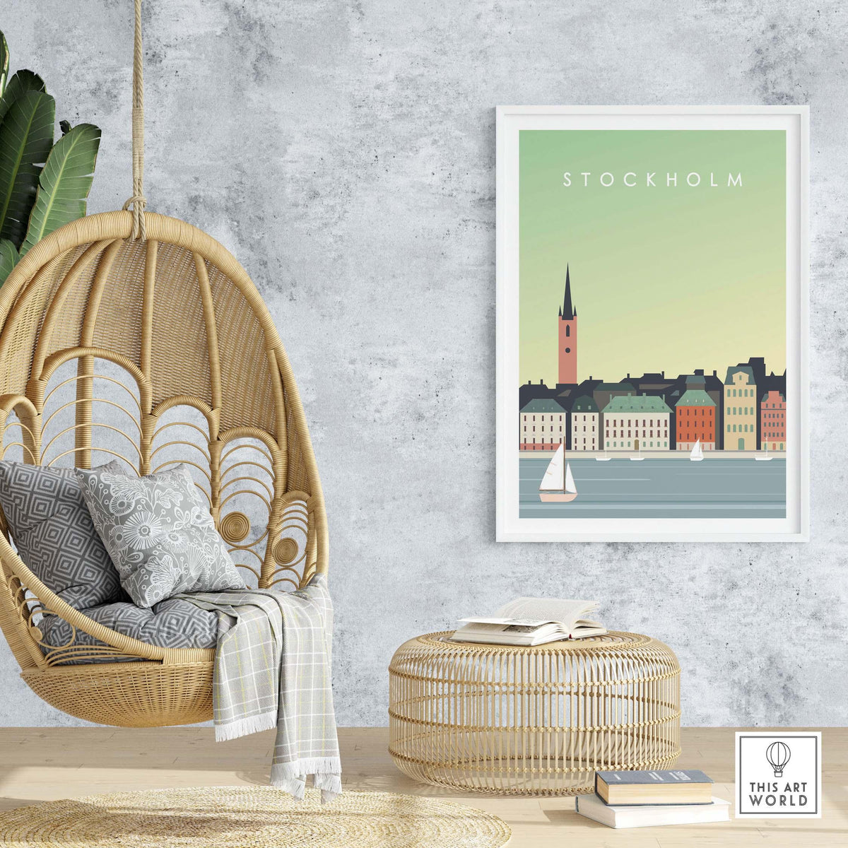 Stockholm Print Wall Art Poster displayed in a modern living space with a hanging chair and stylish decor.