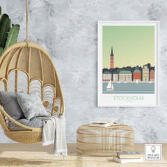Stockholm Print Sweden Poster displayed in a stylish home interior with a hanging chair and natural decor.