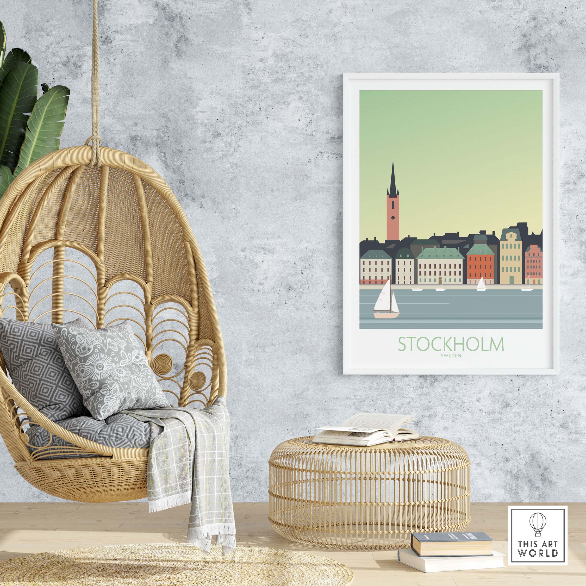 Stockholm Print Sweden Poster displayed in a stylish home interior with a hanging chair and natural decor.