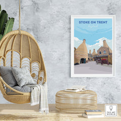 Stoke on Trent travel poster framed, showcasing nostalgic vintage art in a stylish home setting.