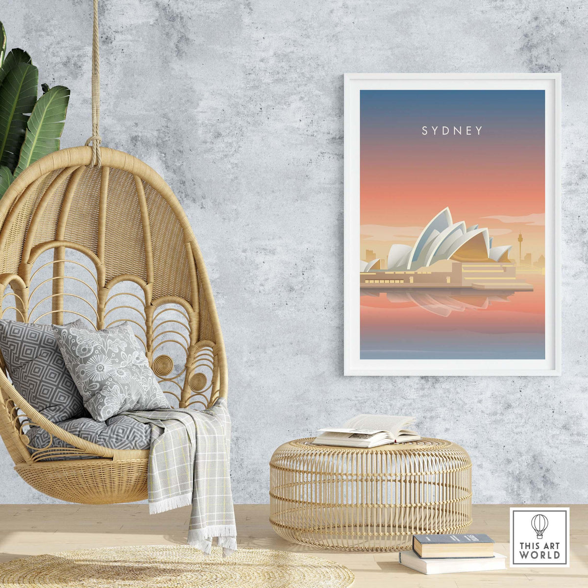 Sydney Wall Art Poster in a stylish interior with hanging chair and modern decor elements.