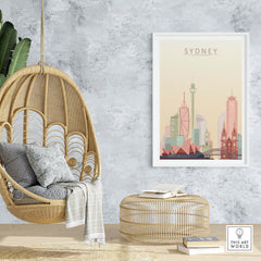 Sydney City Skyline print in pastel colors, displayed in a cozy decor setting with a hanging chair and stylish accents.