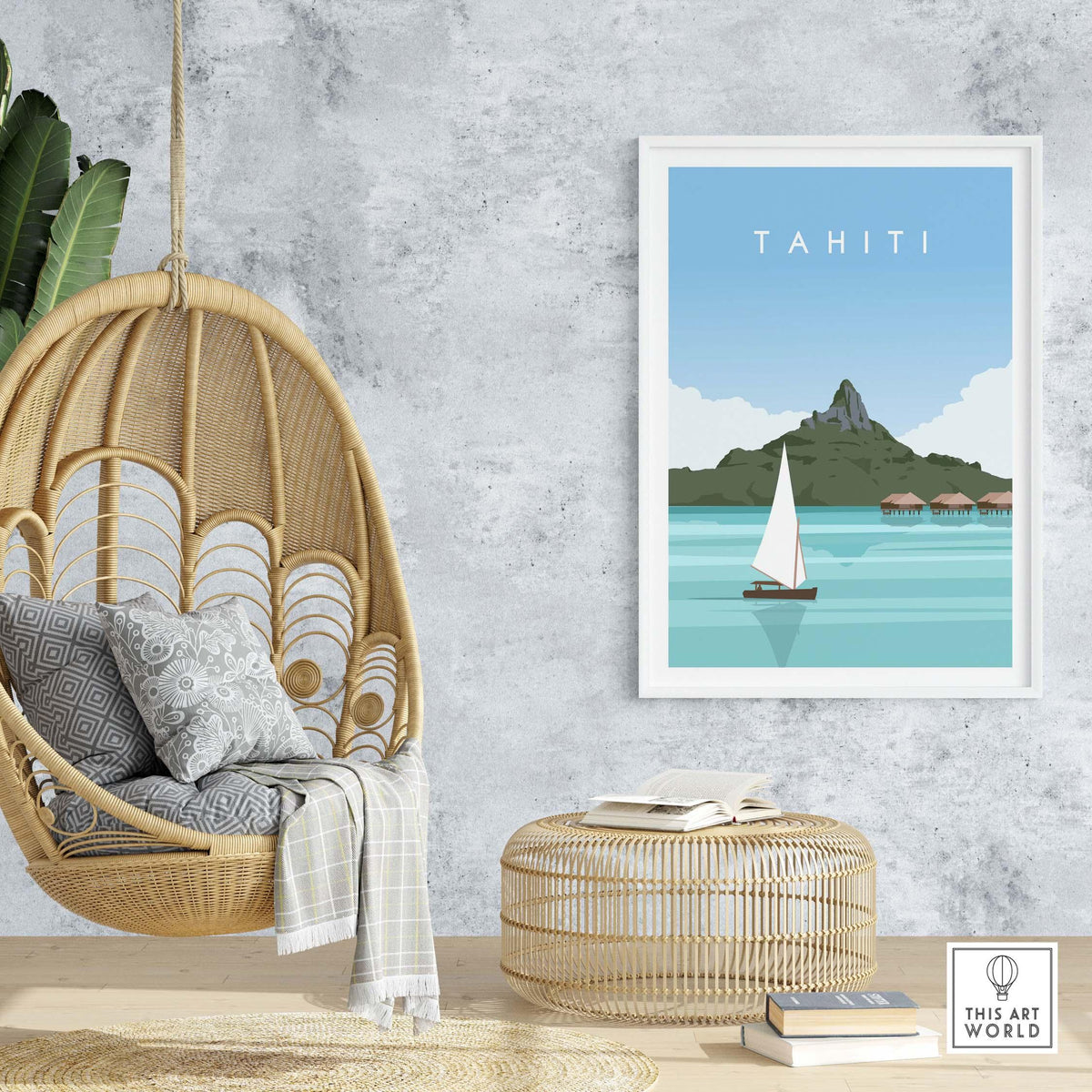 Tahiti poster travel print on wall beside a hanging chair and rattan ottoman, creating a stylish home decor.