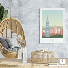 Taipei Print Taiwan Travel Poster displayed in a cozy space with a hanging chair and decorative elements.