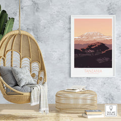 Kilimanjaro Print Tanzania Poster displayed in a stylish home interior with a hanging chair and natural decor.