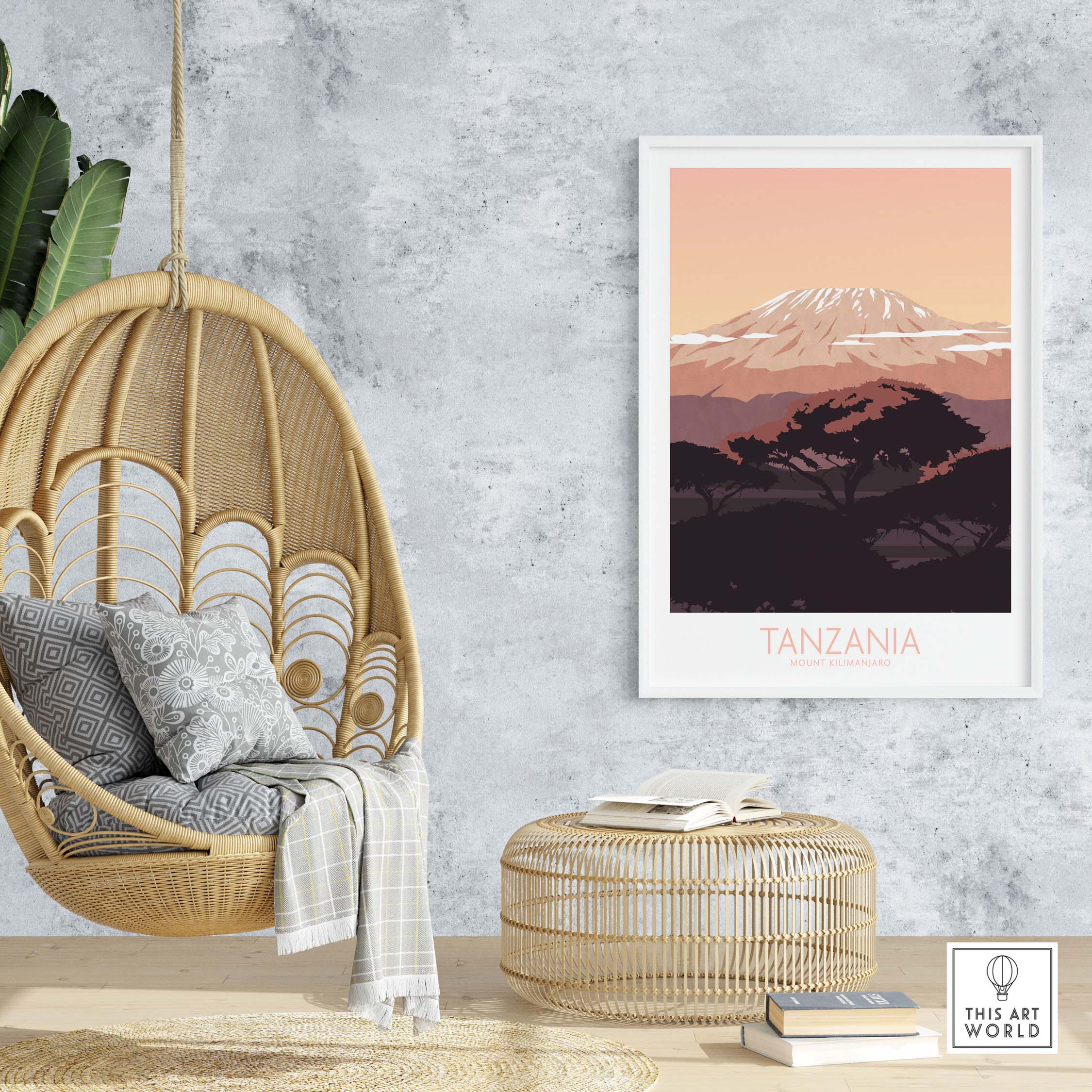 Kilimanjaro Print Tanzania Poster displayed in a stylish home interior with a hanging chair and natural decor.