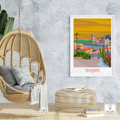 Tenerife poster print displayed in a modern home interior with a hanging chair and natural decor.