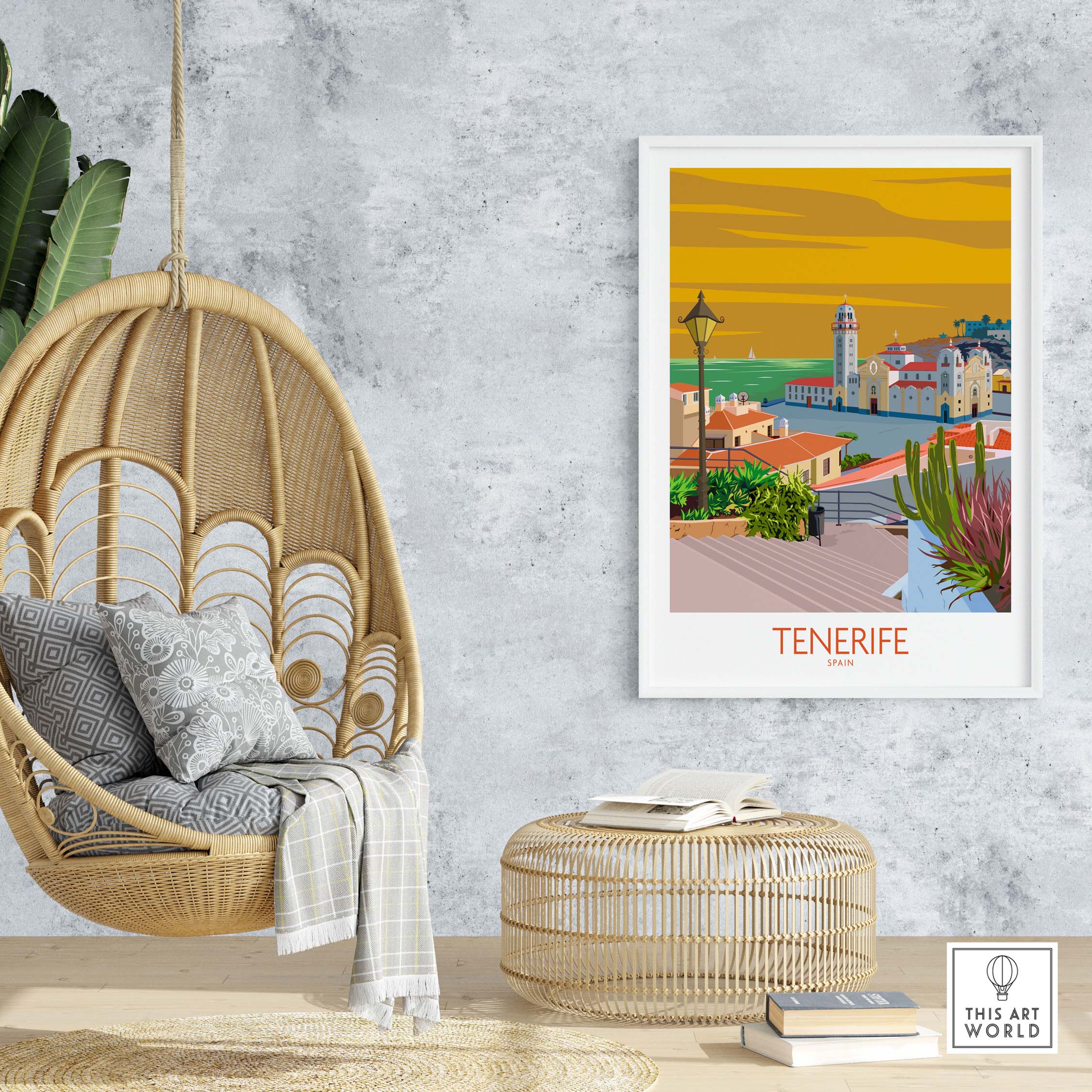 Tenerife poster print displayed in a modern home interior with a hanging chair and natural decor.