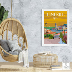 Tenerife poster print wall art displayed in a cozy living space with a hanging chair and stylish decor.