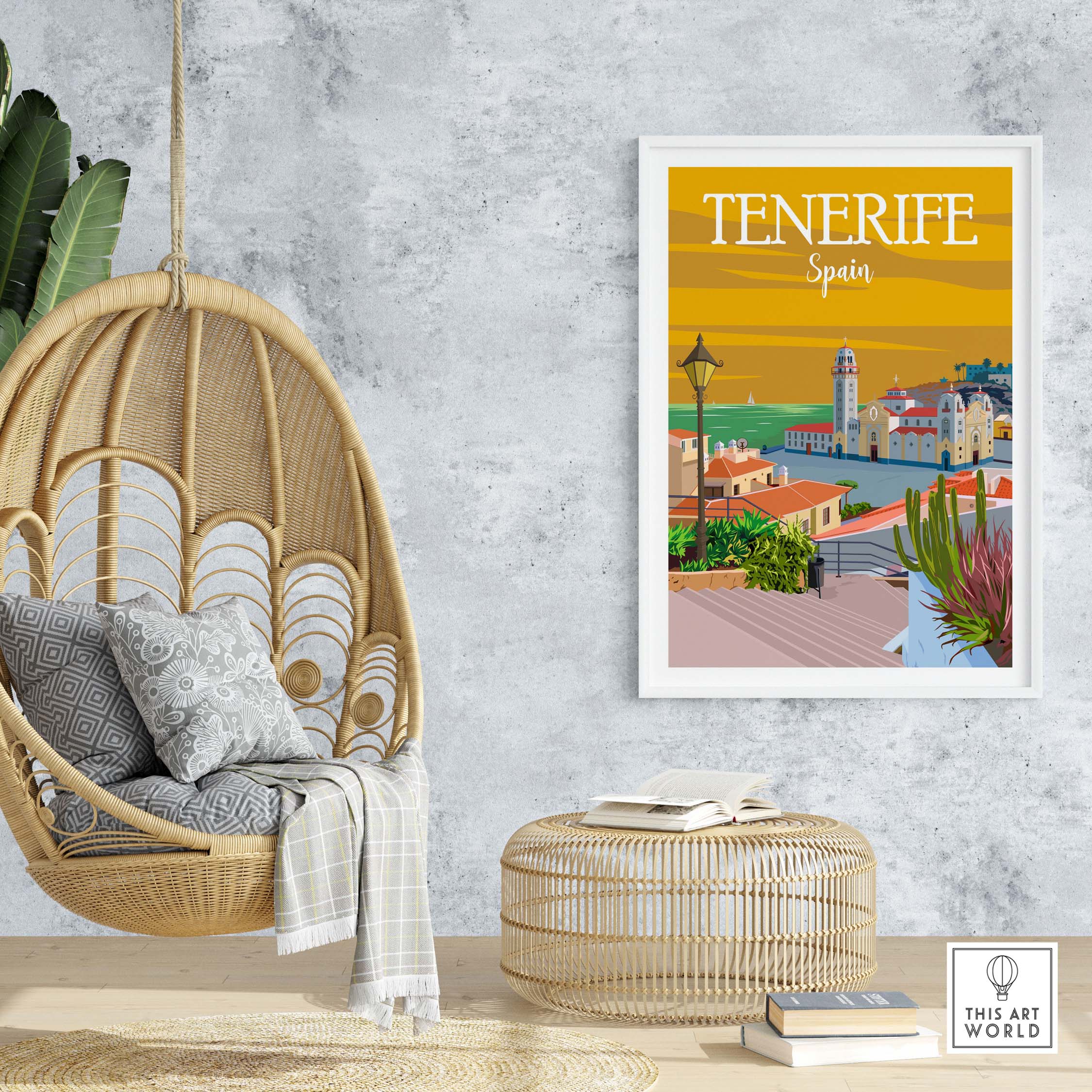 Tenerife poster print wall art displayed in a cozy living space with a hanging chair and stylish decor.