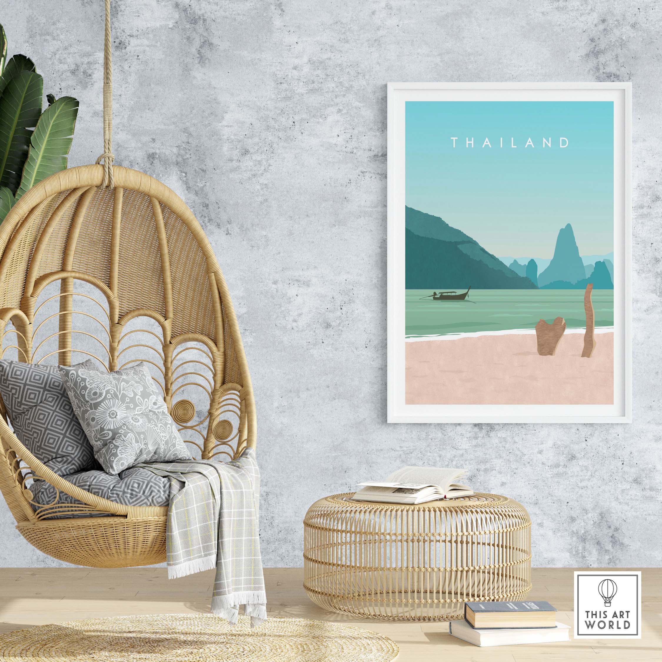 Thailand Print Wall Art Poster featuring vintage-style travel design in a cozy decor setting.