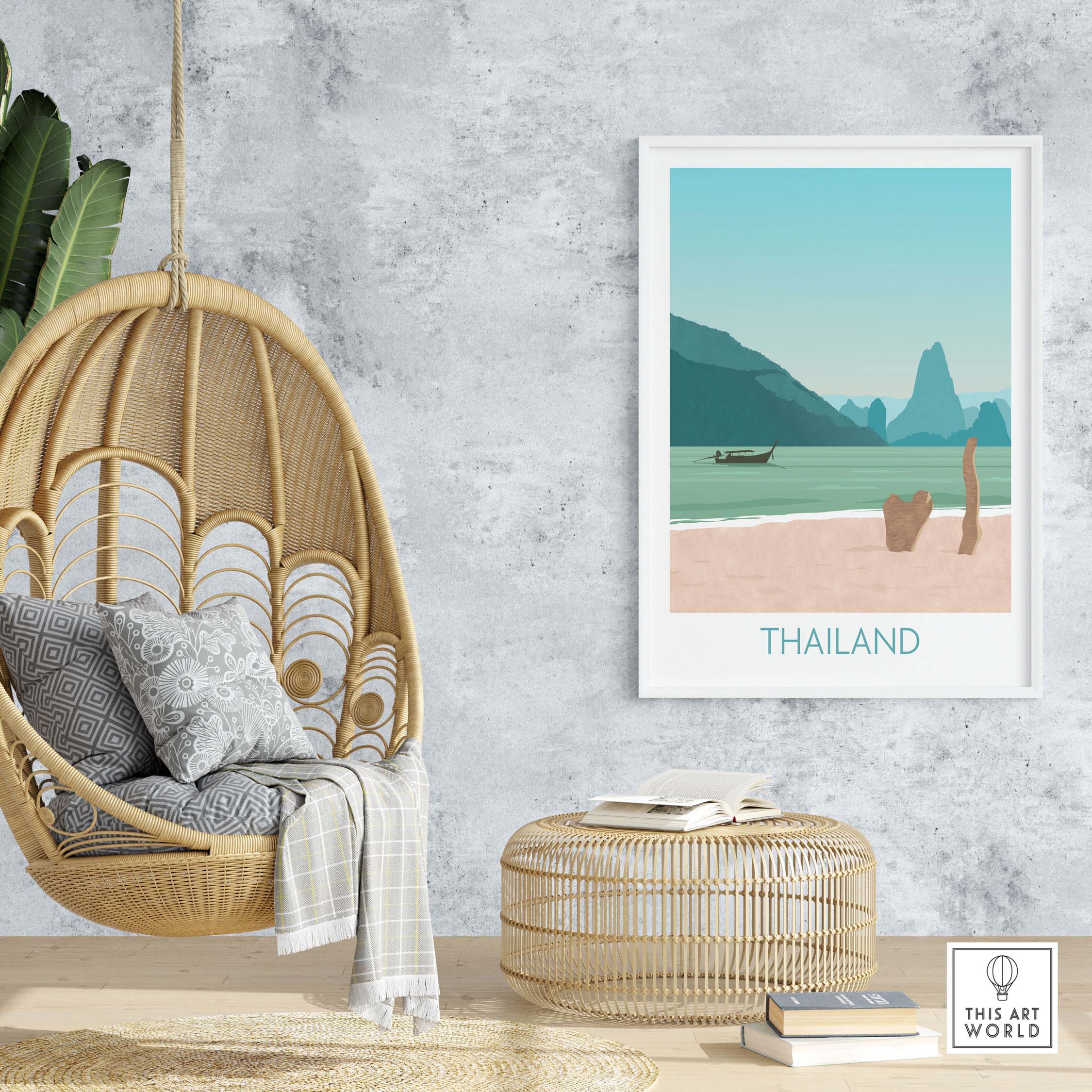 Thailand Print Travel Poster displayed in a stylish room with a hanging chair and decorative elements.