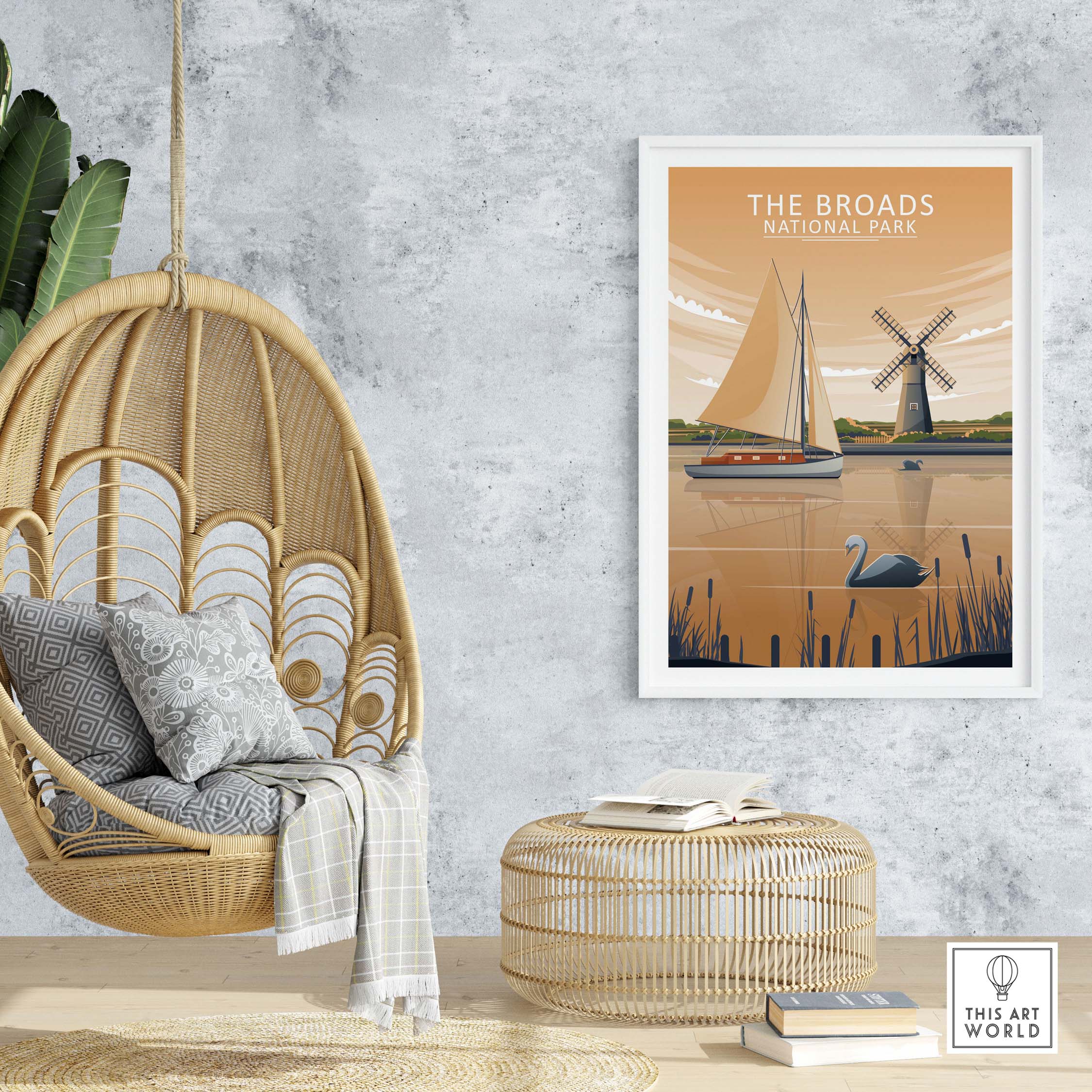 The Broads National Park poster displayed in a modern living space with hanging chair and bohemian decor.