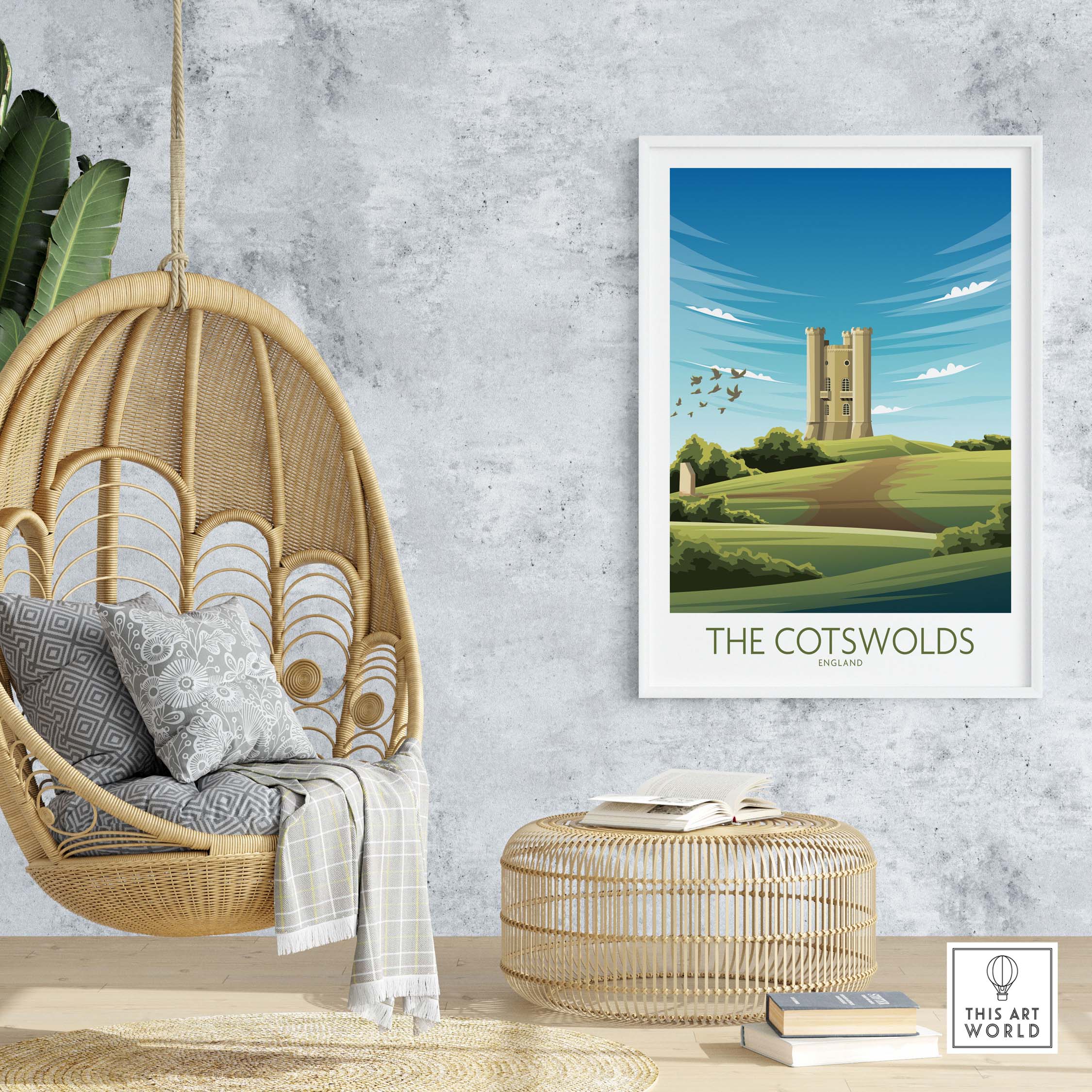 Stylish The Cotswolds Print on wall, with hanging chair and decor, showcasing vintage travel poster art.