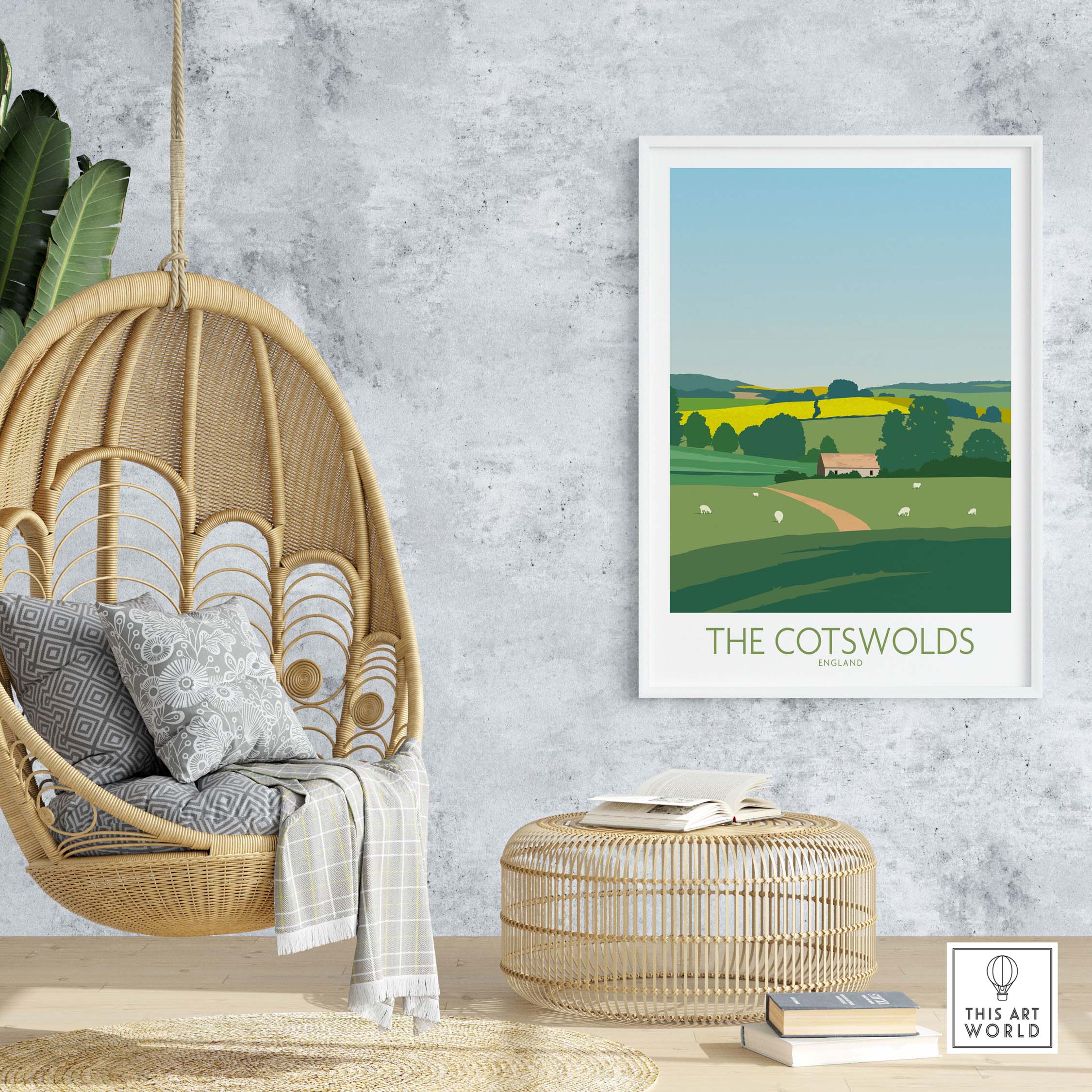 The Cotswolds Print England Travel Poster displayed in a stylish home setting with decor elements.