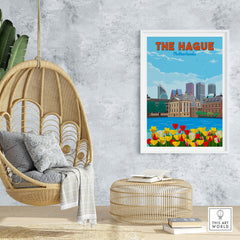 The Hague Netherlands wall art in minimalist style, featuring tulips and a city skyline, displayed in a cozy interior.