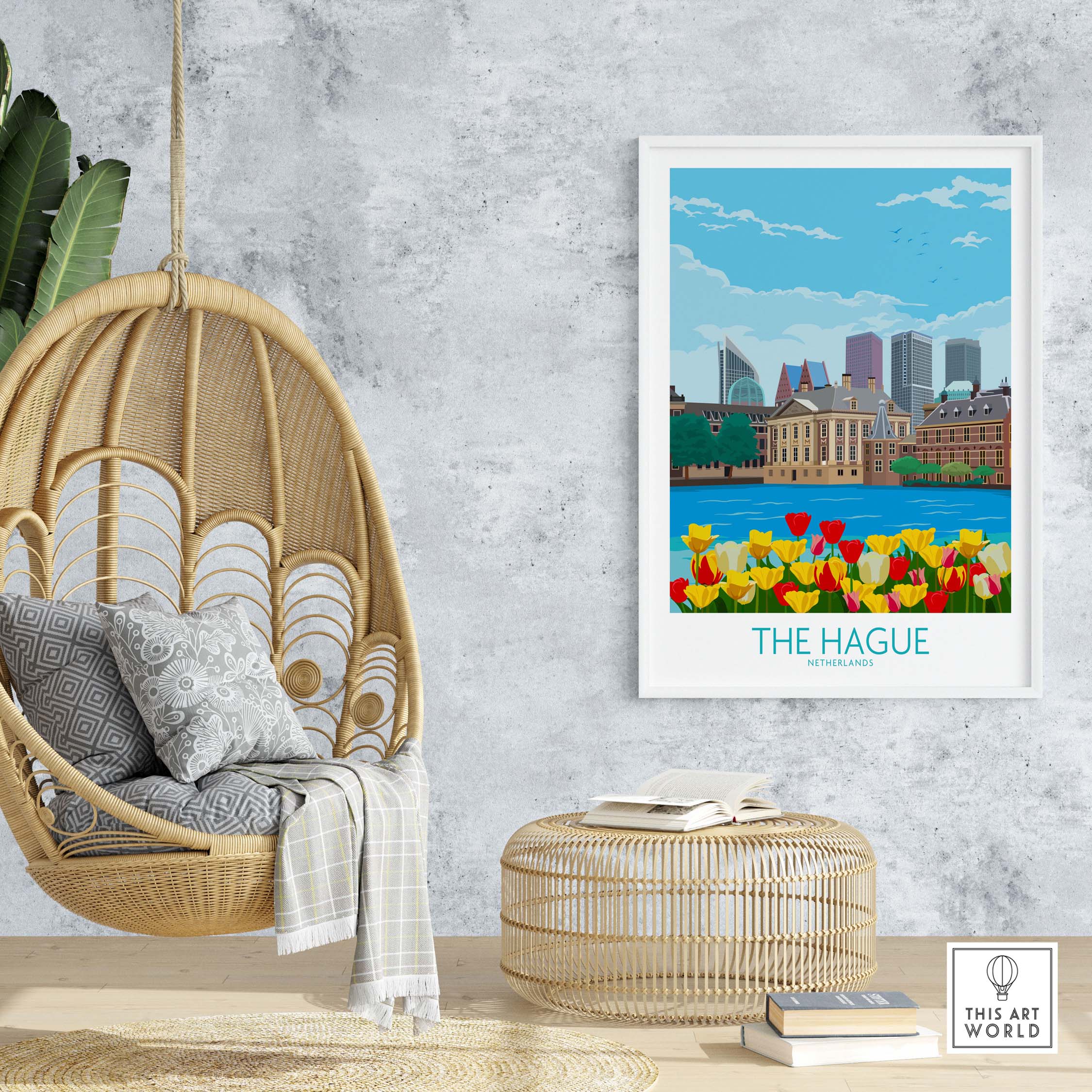 The Hague Netherlands poster displayed in a stylish interior featuring a hanging chair and decorative elements.