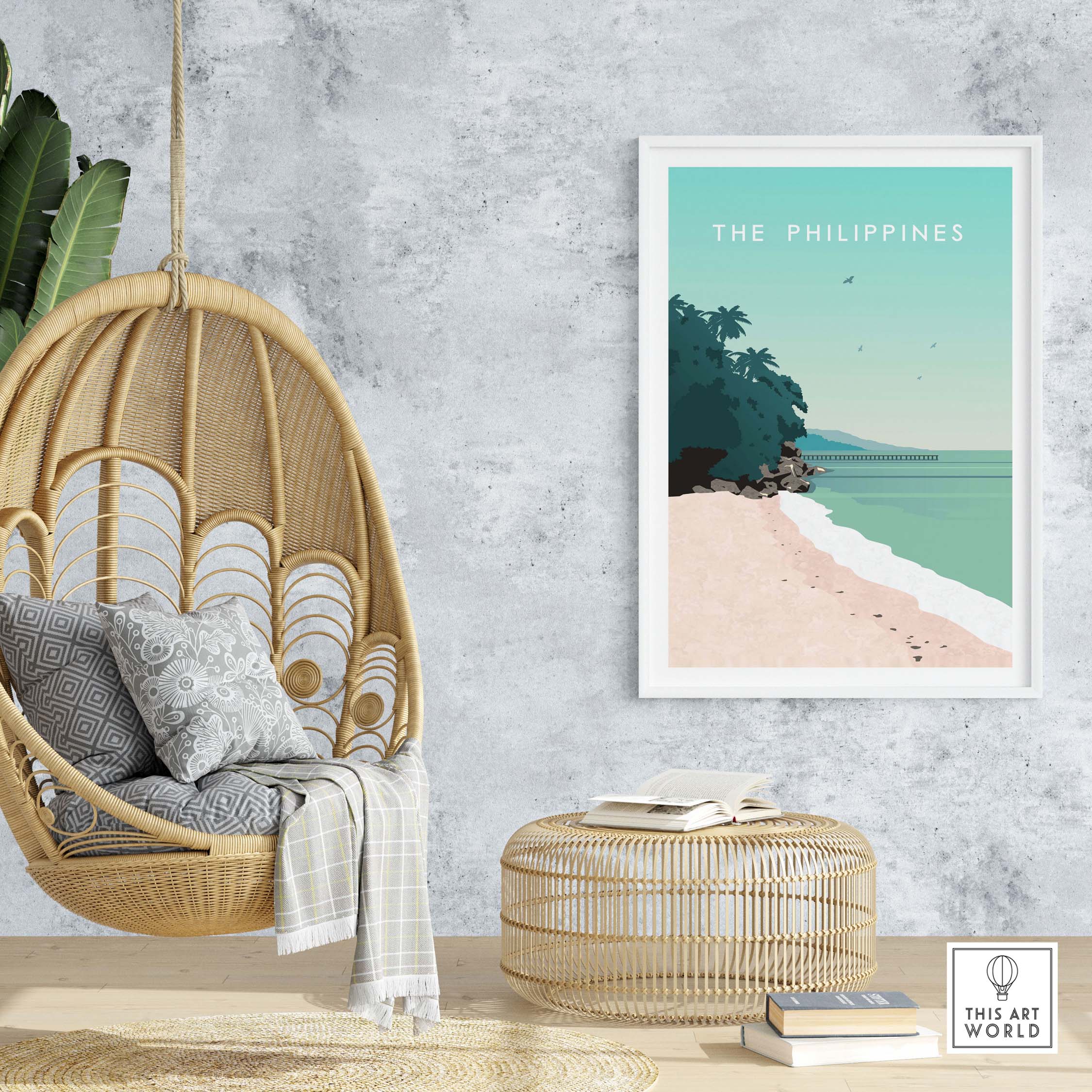 Philippines poster print wall art displayed in stylish home decor setting with hanging chair and natural elements.