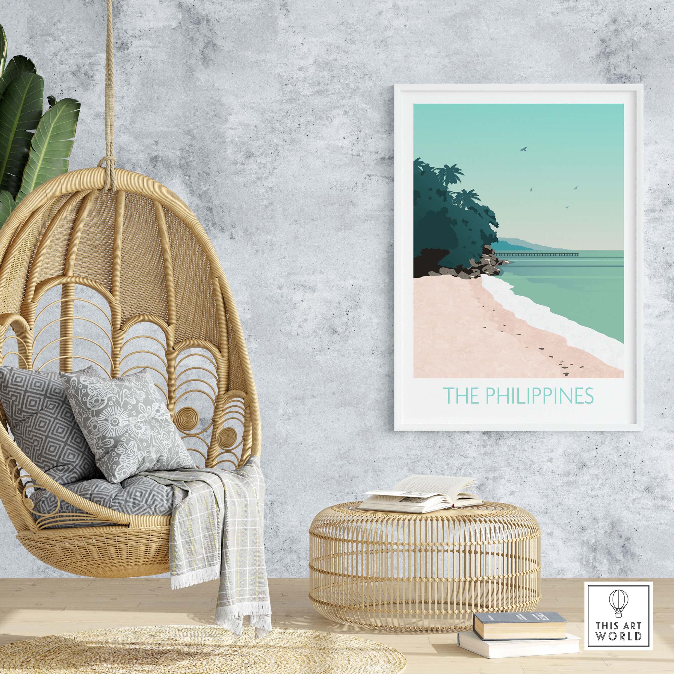 Philippines print travel poster showcasing a serene beach scene, perfect for home or office decor.
