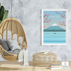 Tokyo Print Wall Art Poster featuring cherry blossoms and Mount Fuji, perfect for home or office decor.