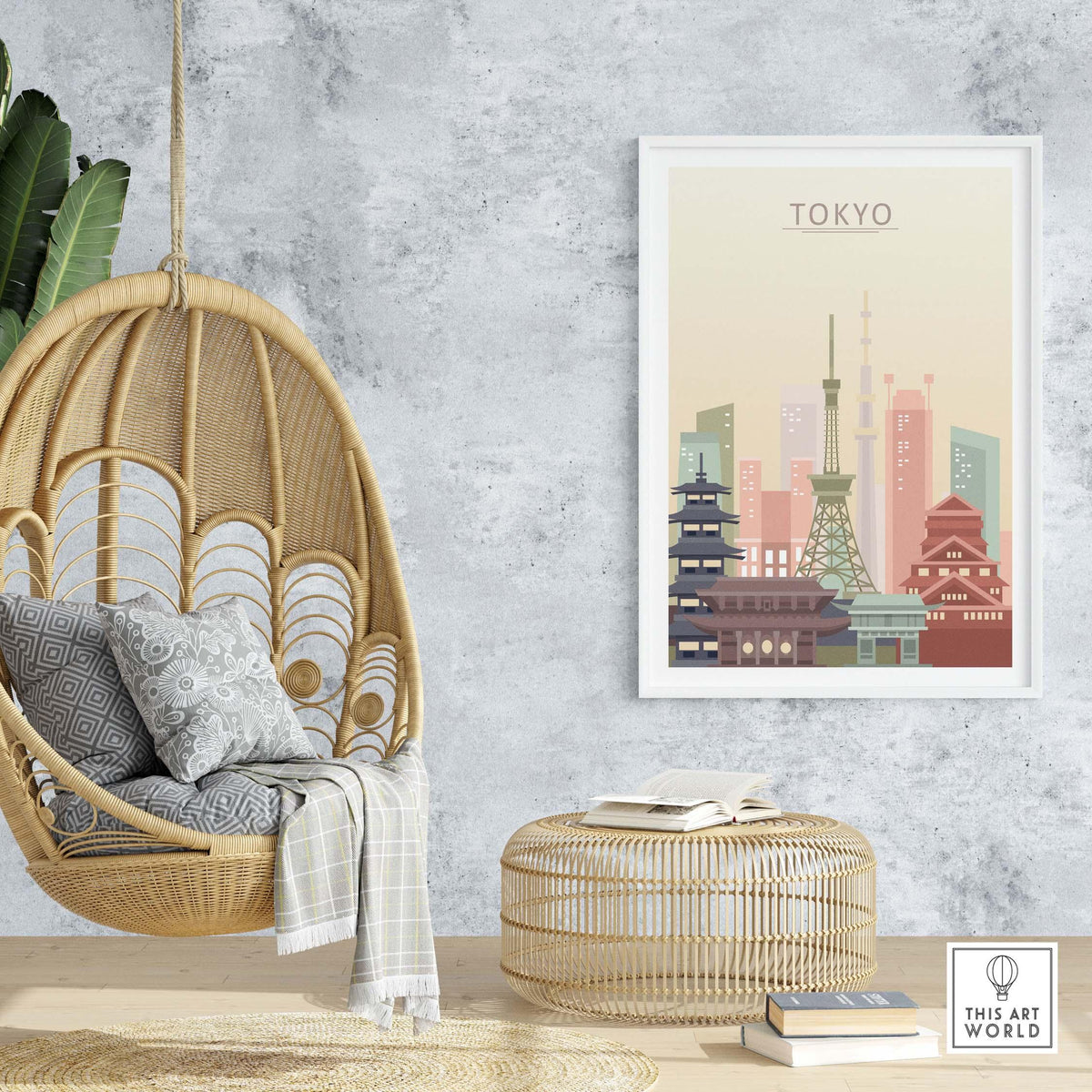 Tokyo skyline poster in a chic interior with a hanging chair and decorative elements, featuring pastel colors.