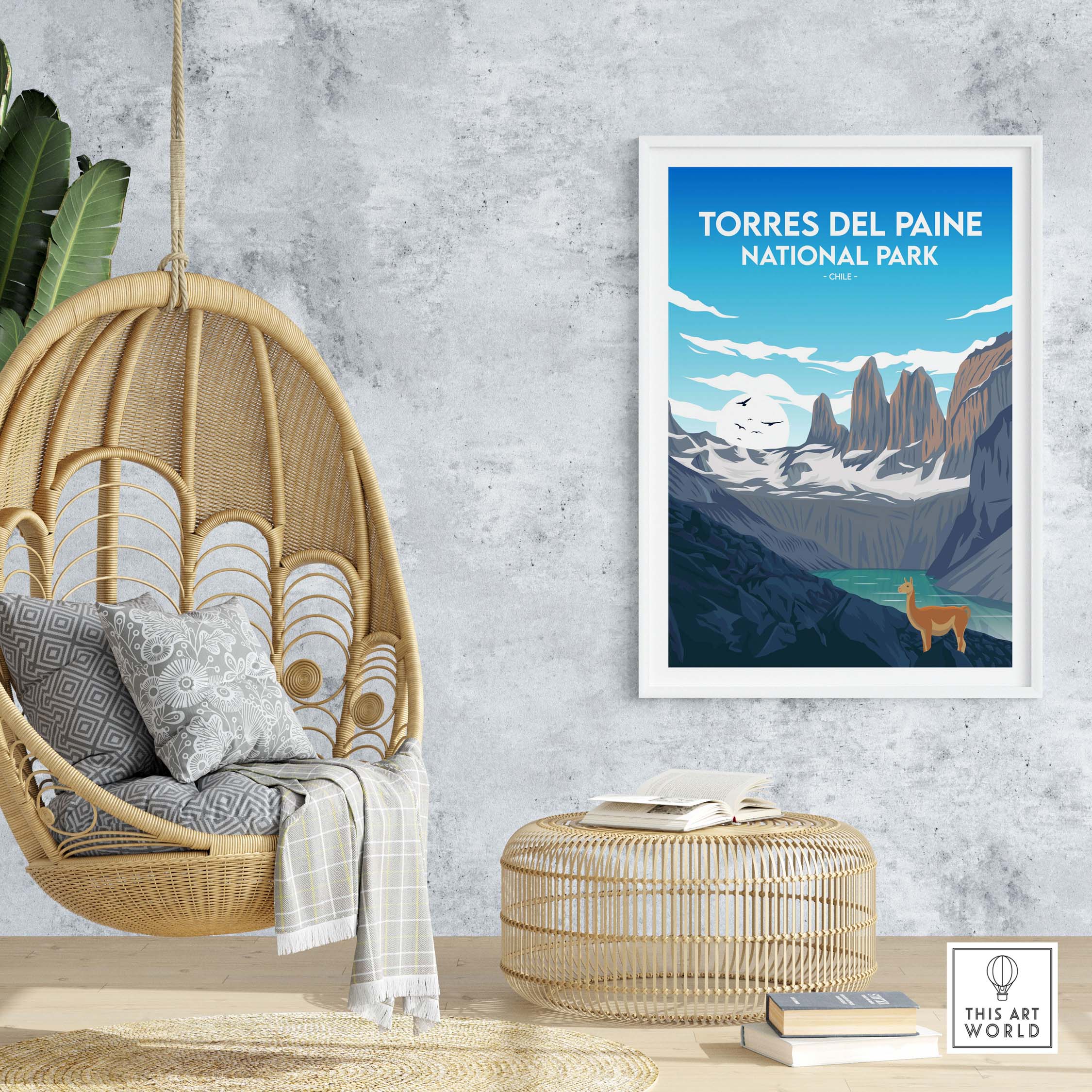 Framed Torres del Paine National Park print in a modern home setting with stylish decor.