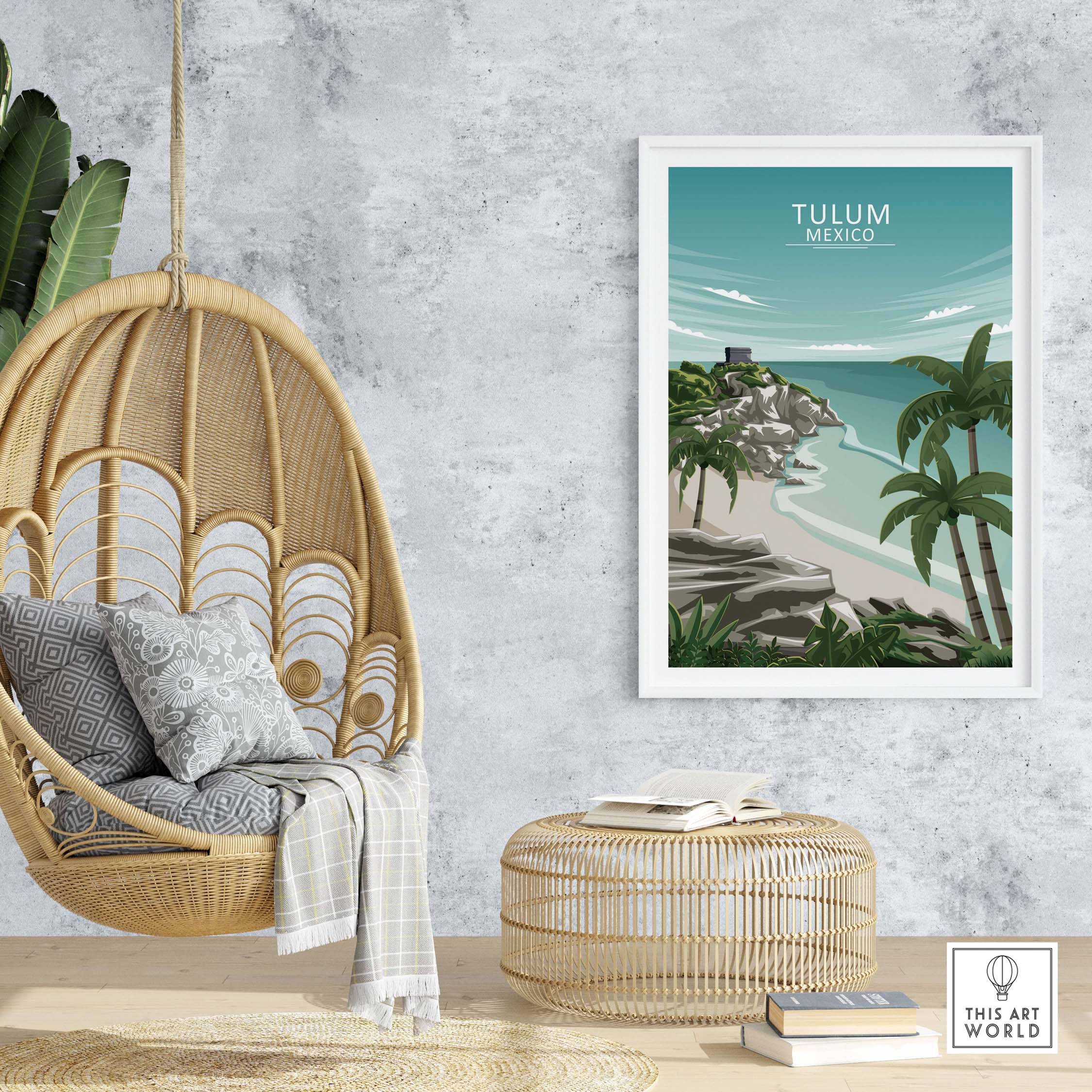 Minimalist Tulum wall art print featuring tropical beach scene, perfect for home decor or office inspiration.