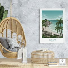 Tulum Art Print Mexico Travel Poster displayed in a stylish living room with a hanging chair and natural decor.