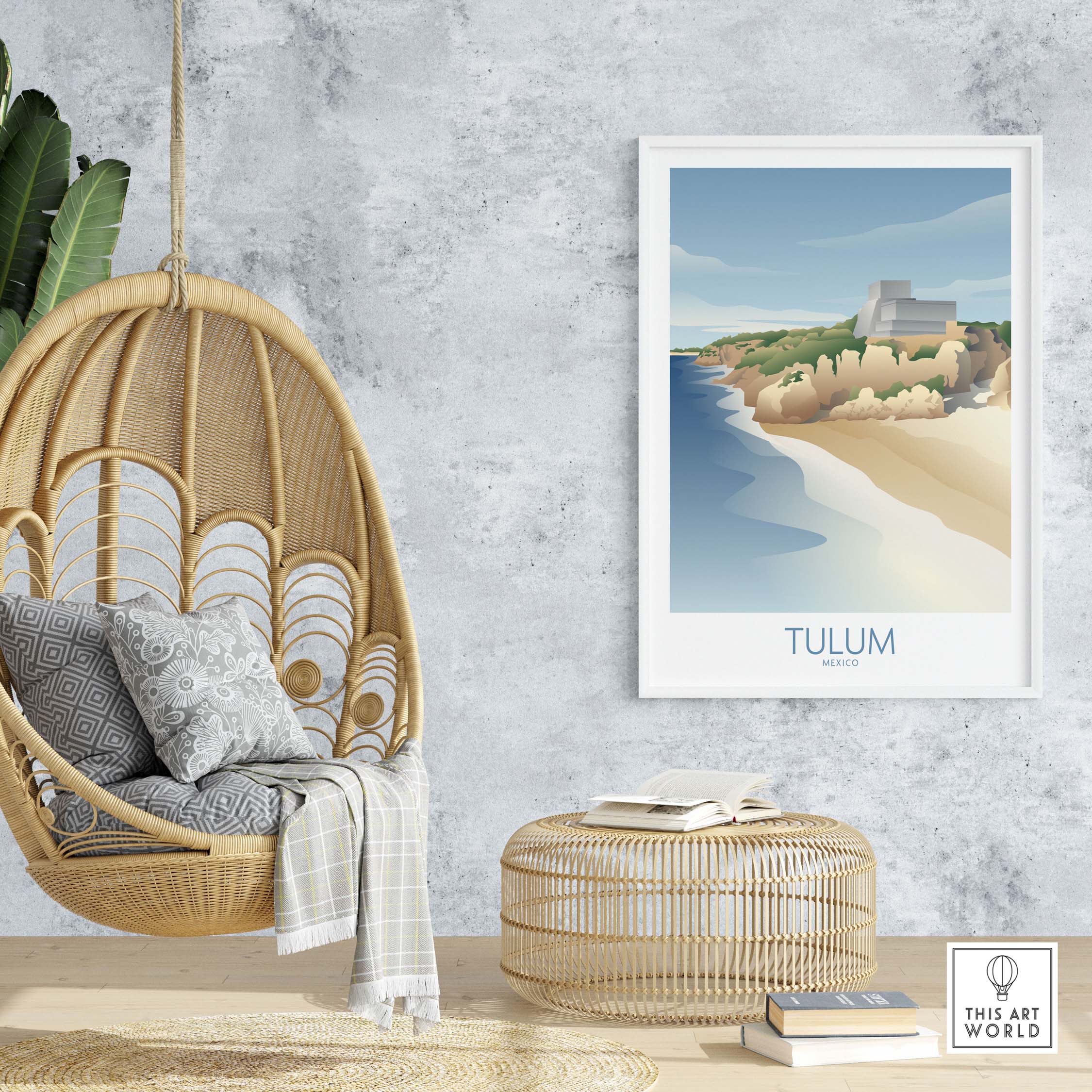 Tulum Mexico wall art print hanging in a stylish room with a hanging chair and decor, capturing travel vibes.