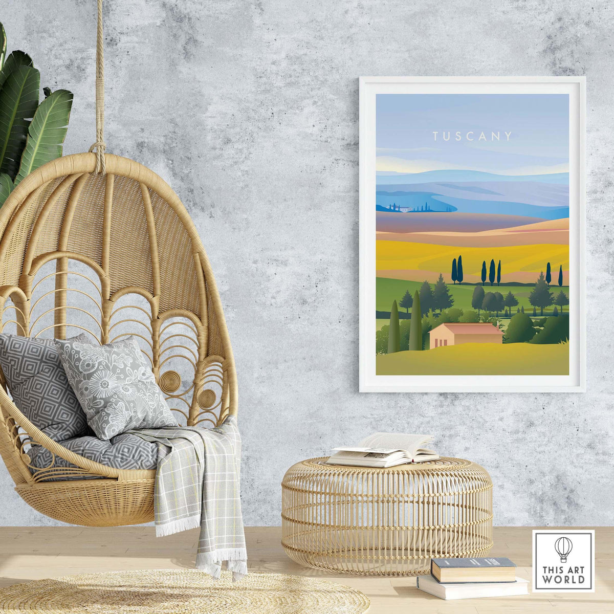 Tuscany Italy wall art poster in a cozy living room setting with a hanging chair and natural decor.