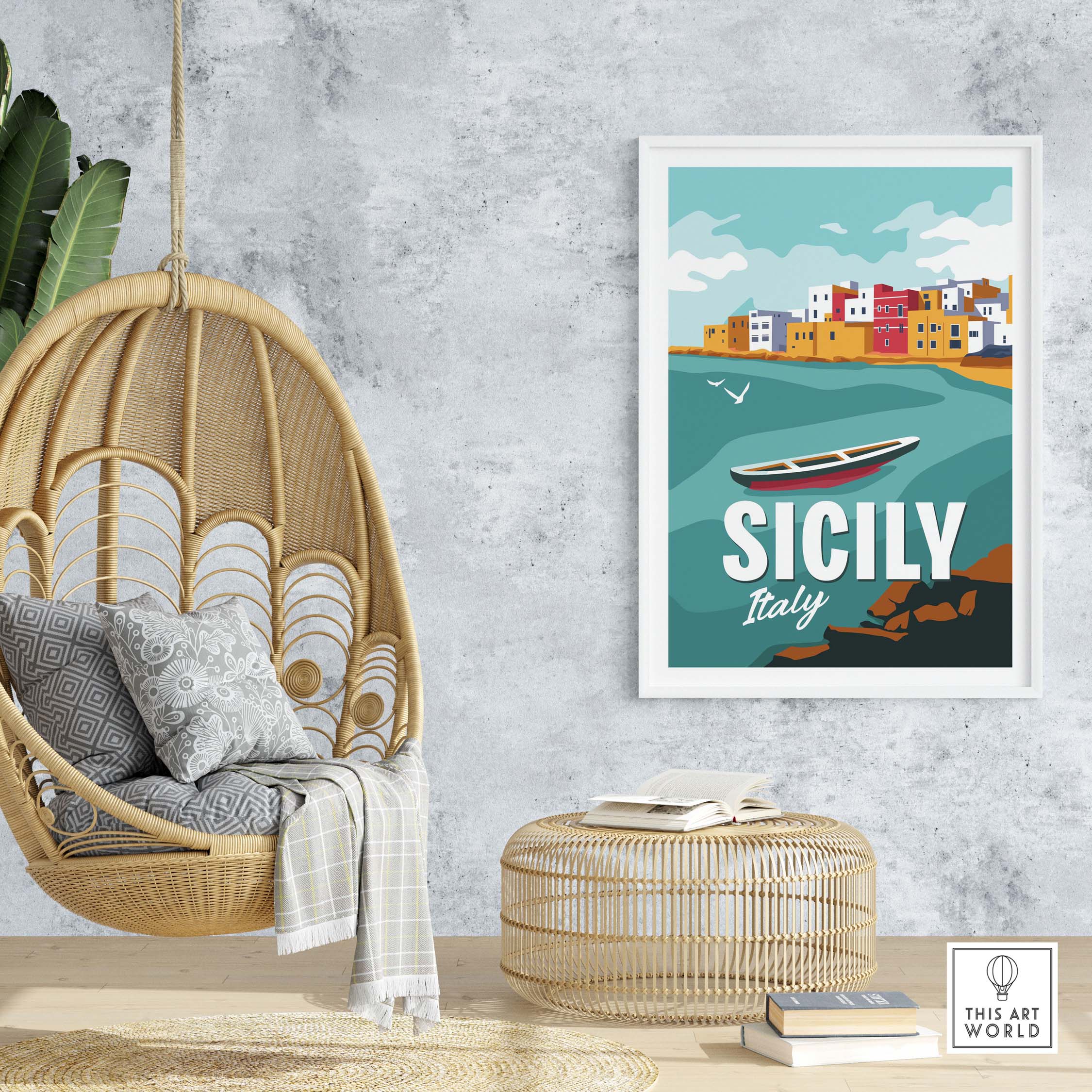 Sicily Poster Wall Art Print featuring colorful coastal scenery and a boat, perfect for home decor.