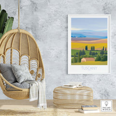 Tuscany Wall Art Print displayed in a stylish interior with a hanging chair and cozy decor, evoking vintage travel nostalgia.