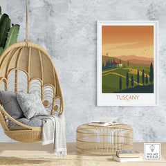 Tuscany poster print featuring a serene landscape, perfect for enhancing home decor with stylish travel art.