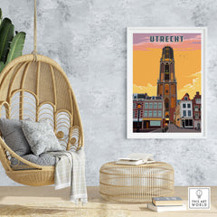 Utrecht travel poster featuring the iconic Dom Tower, showcasing Dutch architecture and charm for home decor.