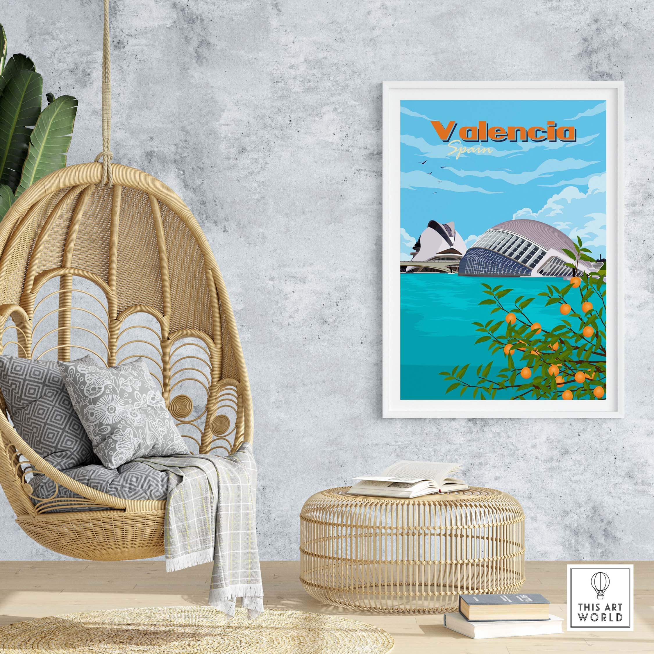 Valencia wall art print featuring the city skyline and orange trees, perfect for home decor and travel inspiration.