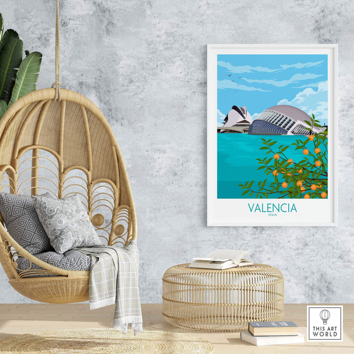 Valencia Poster Print featuring coastal scenery and orange trees in a stylish living room setting.