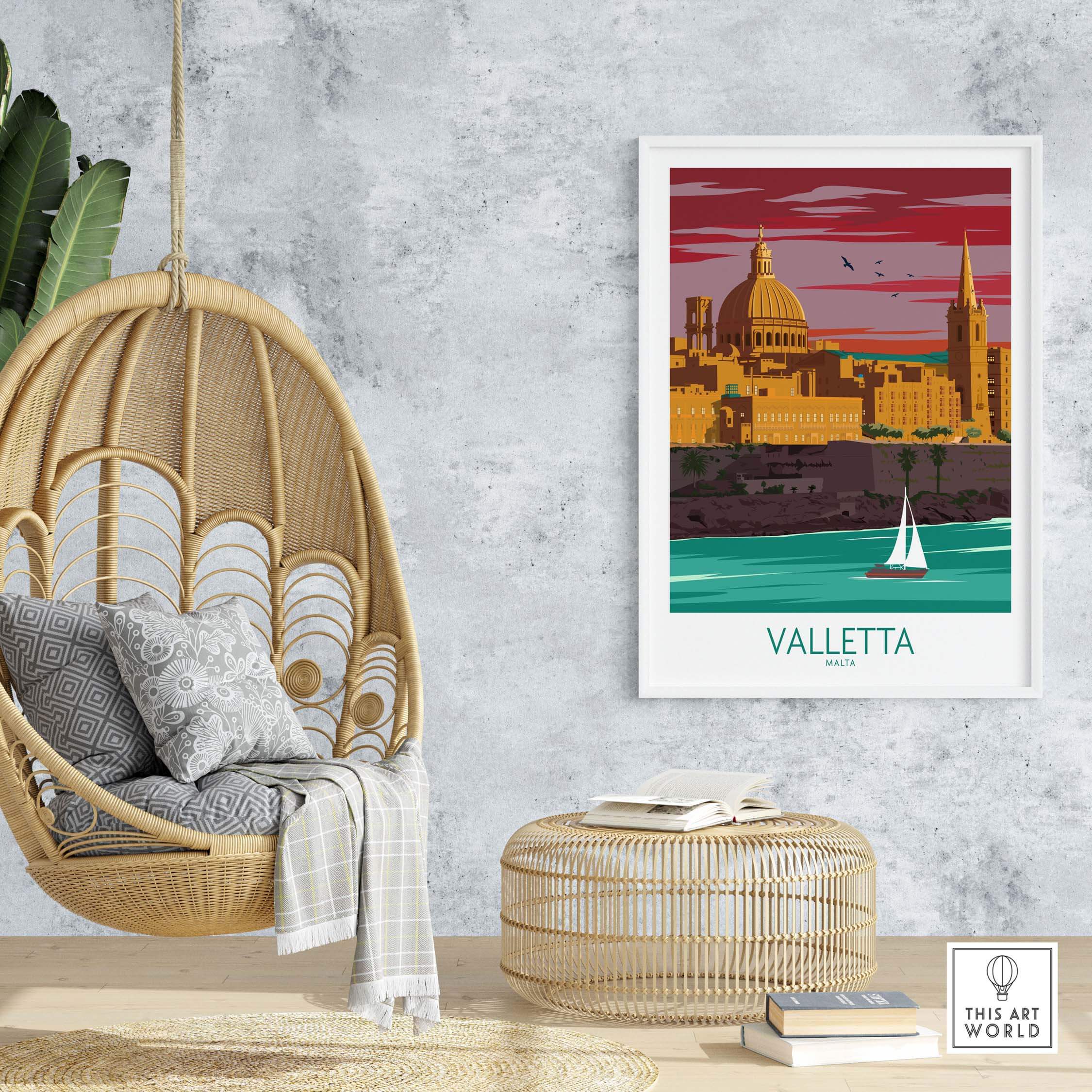 Valletta Print Malta Poster displayed in a stylish interior with hanging chair and natural decor.