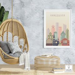 Vancouver City Print artwork displayed in a modern interior with a hanging chair and decorative elements.