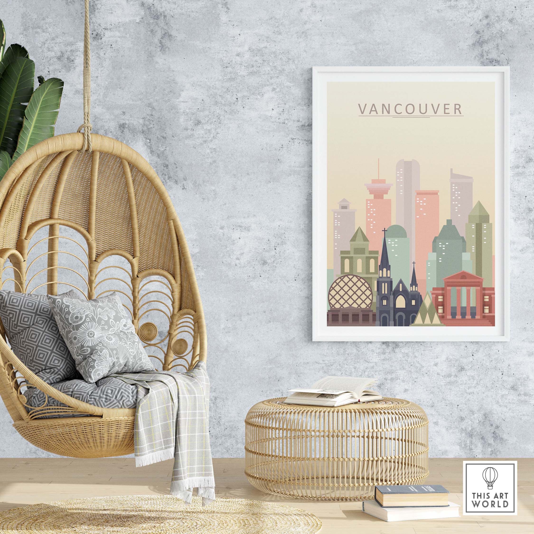 Vancouver City Print artwork displayed in a modern interior with a hanging chair and decorative elements.