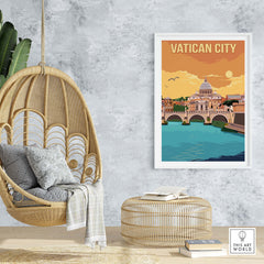 Vatican City print displayed in a modern living room with a hanging chair and stylish decor.