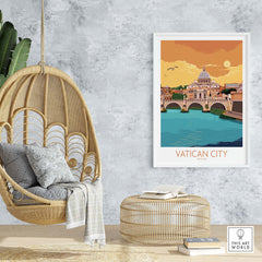 Vatican City travel poster in a stylish home setting with a rattan hanging chair and modern decor.
